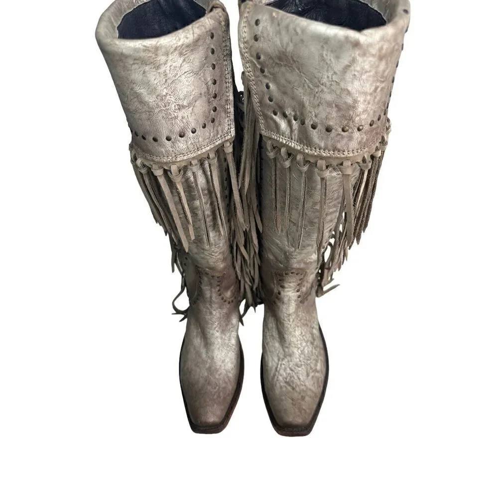 Liberty Black Women's Maritsa Fringe Zipper Knee High Boots Silver Gray Sz 9